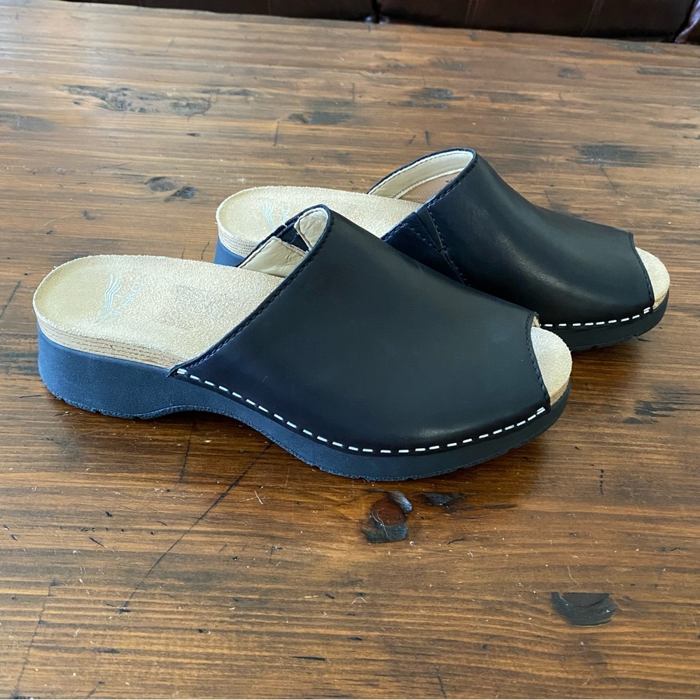 Dansko Black Leather Open-Toe Clog Sandals with White Stitching